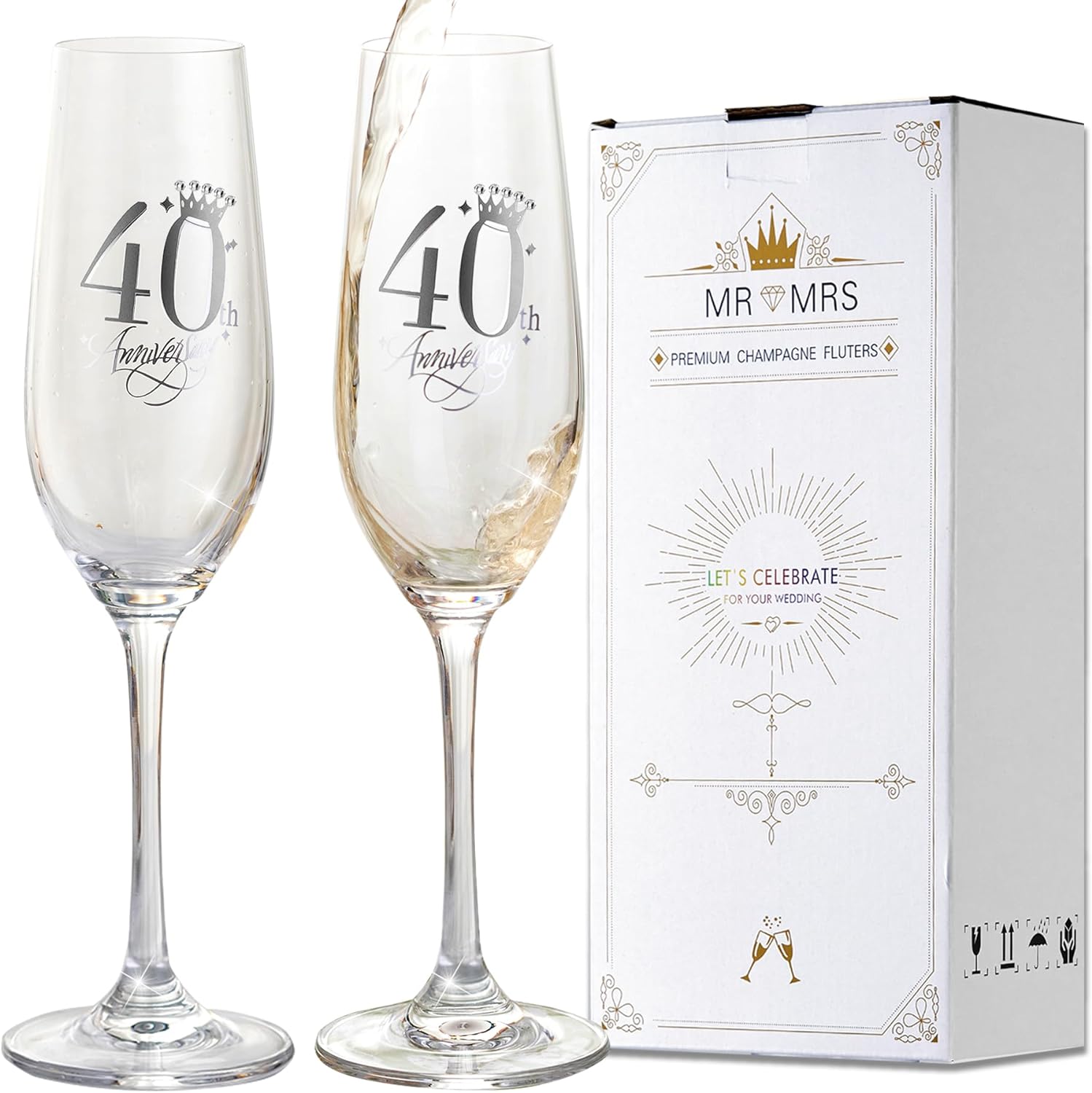 40th Anniversary Wedding Gifts, Champagne flutes 40th Anniversary Decorations Champagne Glasses with Rhinestones 40th Gift for Married Couples, Relatives, Parents - VARLKA