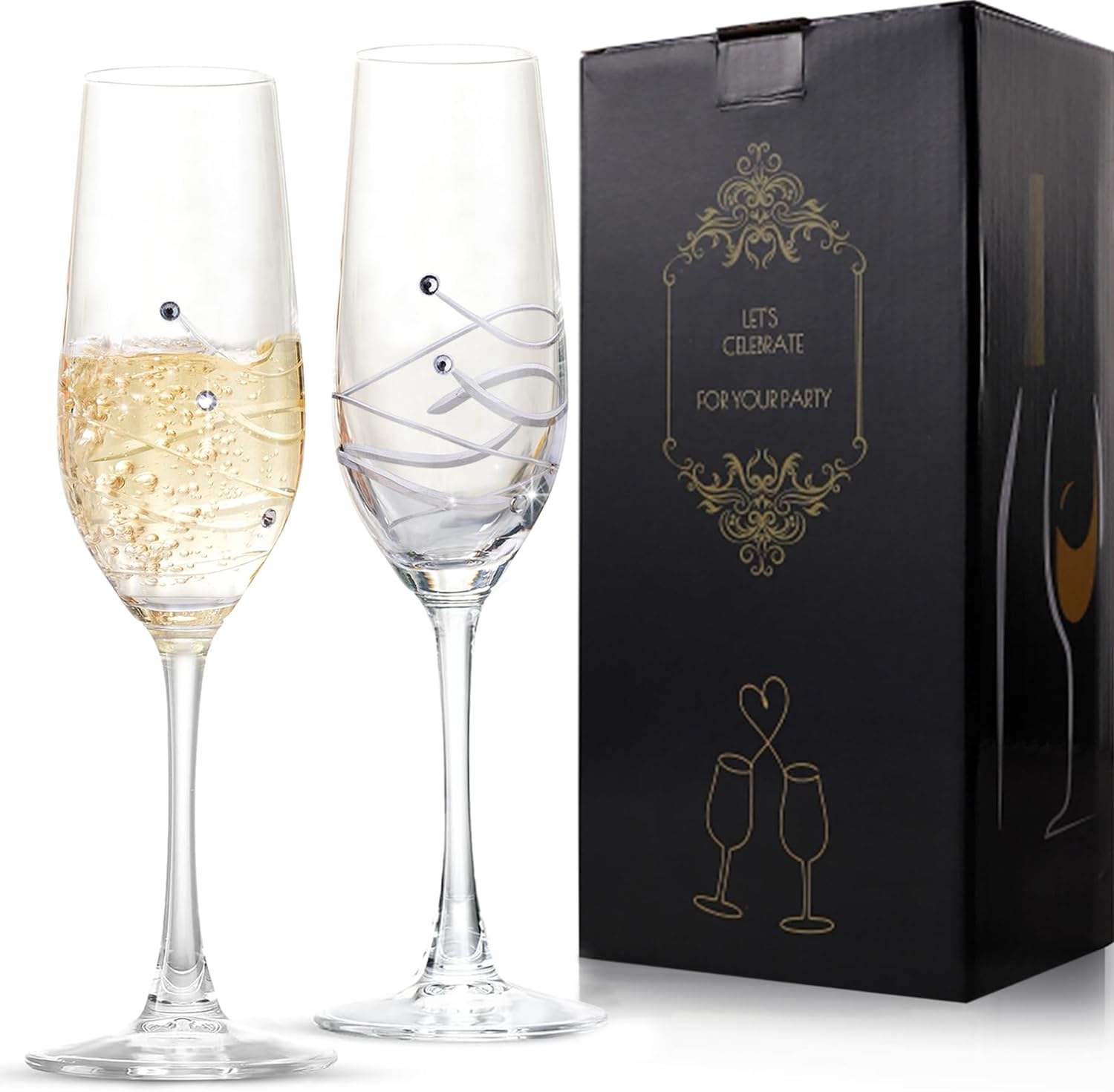 Bridal Shower Gifts Champagne Flutes, 8oz Crystal Champagne Glasses set of 2 Wedding Gifts for Mr and Mrs Engagement Gift for Bride and Groom - VARLKA