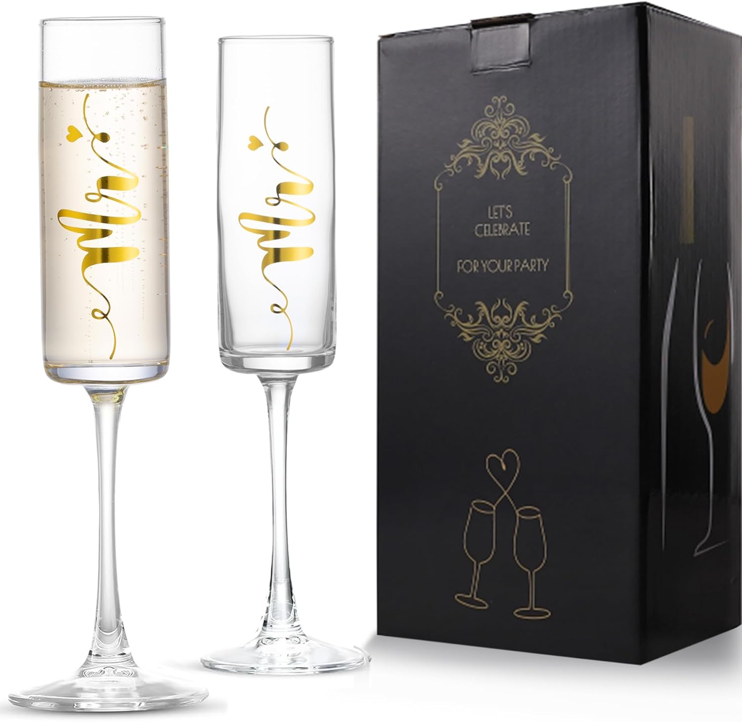 Mr and Mrs Champagne Flutes with Long Stem, 7oz Champagne Glasses, Wedding Gift for Couples , Bridal Shower Gifts, Engagement Gift for Couples Bride and Groom (Gold) - VARLKA