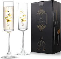 Mr and Mrs Champagne Flutes with Long Stem, 7oz Champagne Glasses, Wedding Gift for Couples , Bridal Shower Gifts, Engagement Gift for Couples Bride and Groom (Gold) - VARLKA