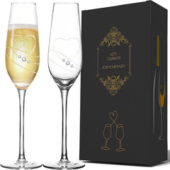 VARLKA Champagne Flutes Toasting Champagne Glasses set of 2 with Love Heart design with Crystals Wine Glasses Wedding Gifts for Couple Bride and Groom Engagement gifts - VARLKA