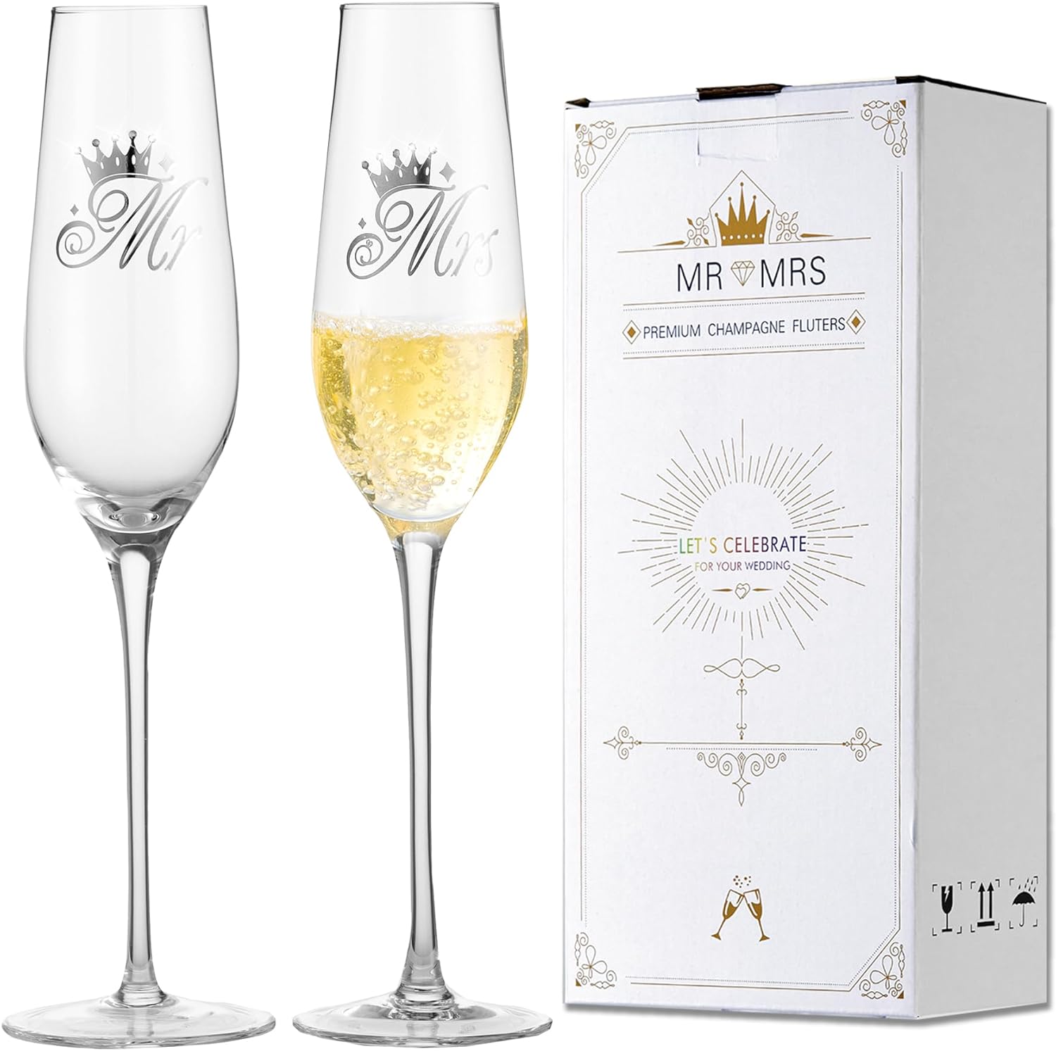 Wedding Champagne Flutes Set of 2 for Mr and Mrs, 7oz Crystal Bride and Groom Champagne Glasses Wedding Gifts Engagement Gift for Couples, Bridal Shower Gift - VARLKA