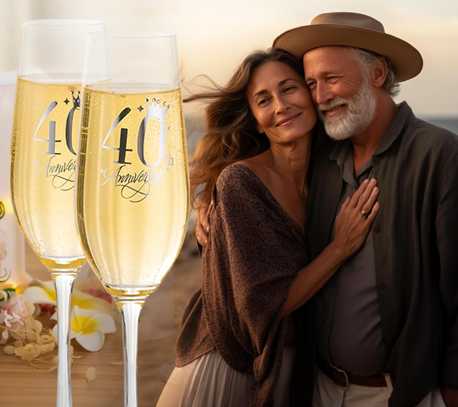 40th Anniversary Wedding Gifts, Champagne flutes 40th Anniversary Decorations Champagne Glasses with Rhinestones 40th Gift for Married Couples, Relatives, Parents - VARLKA