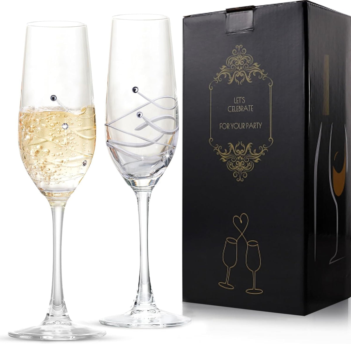 Bridal Shower Gifts Champagne Flutes, 8oz Crystal Champagne Glasses set of 2 Wedding Gifts for Mr and Mrs Engagement Gift for Bride and Groom - VARLKA