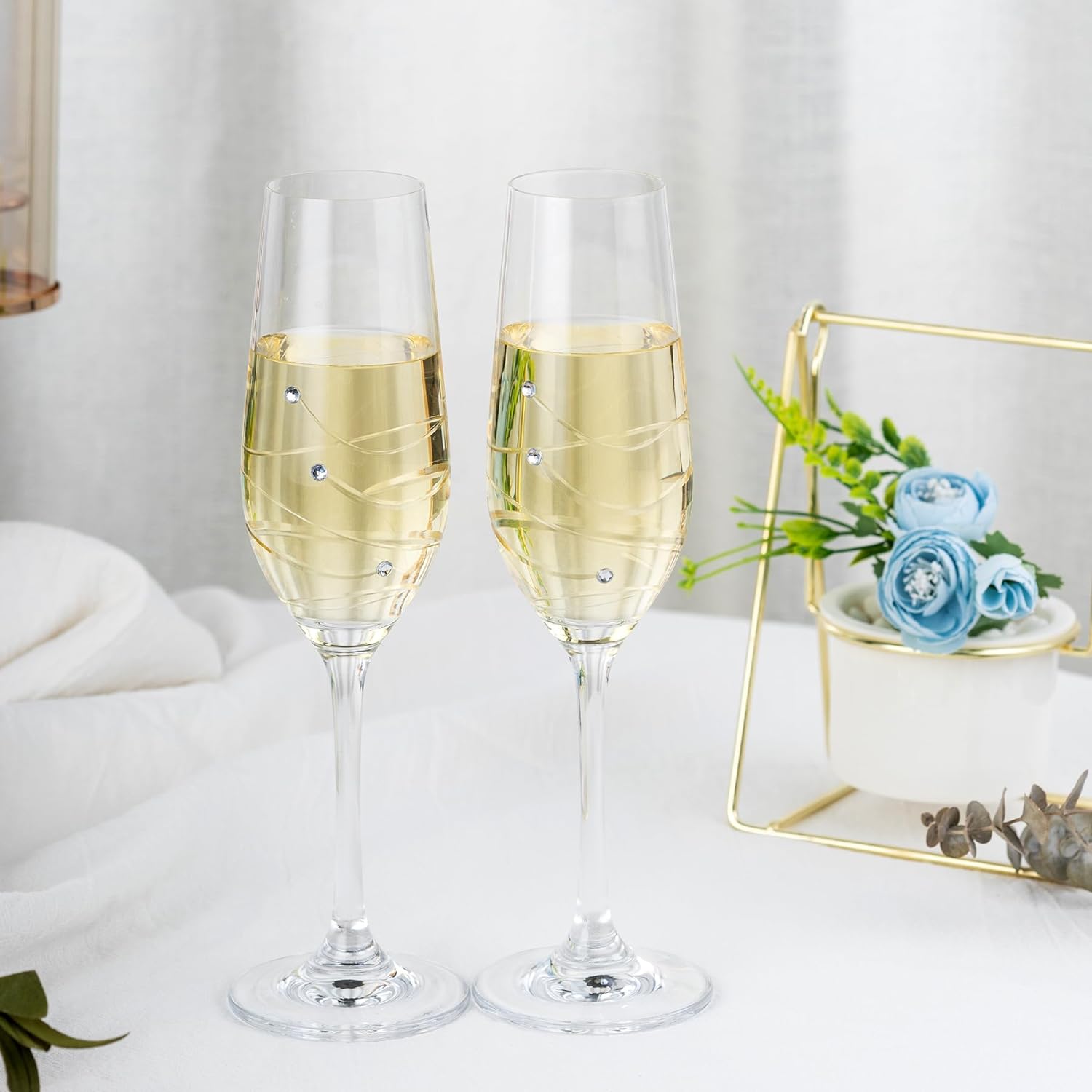Bridal Shower Gifts Champagne Flutes, 8oz Crystal Champagne Glasses set of 2 Wedding Gifts for Mr and Mrs Engagement Gift for Bride and Groom - VARLKA