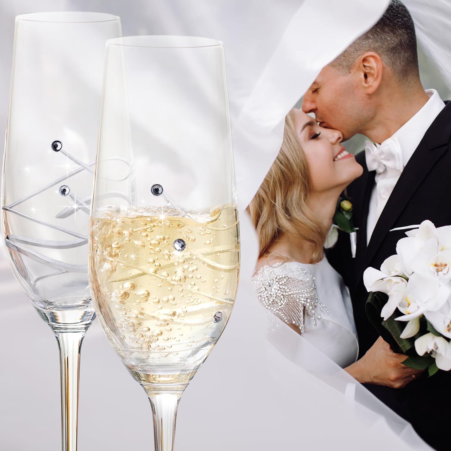 Bridal Shower Gifts Champagne Flutes, 8oz Crystal Champagne Glasses set of 2 Wedding Gifts for Mr and Mrs Engagement Gift for Bride and Groom - VARLKA