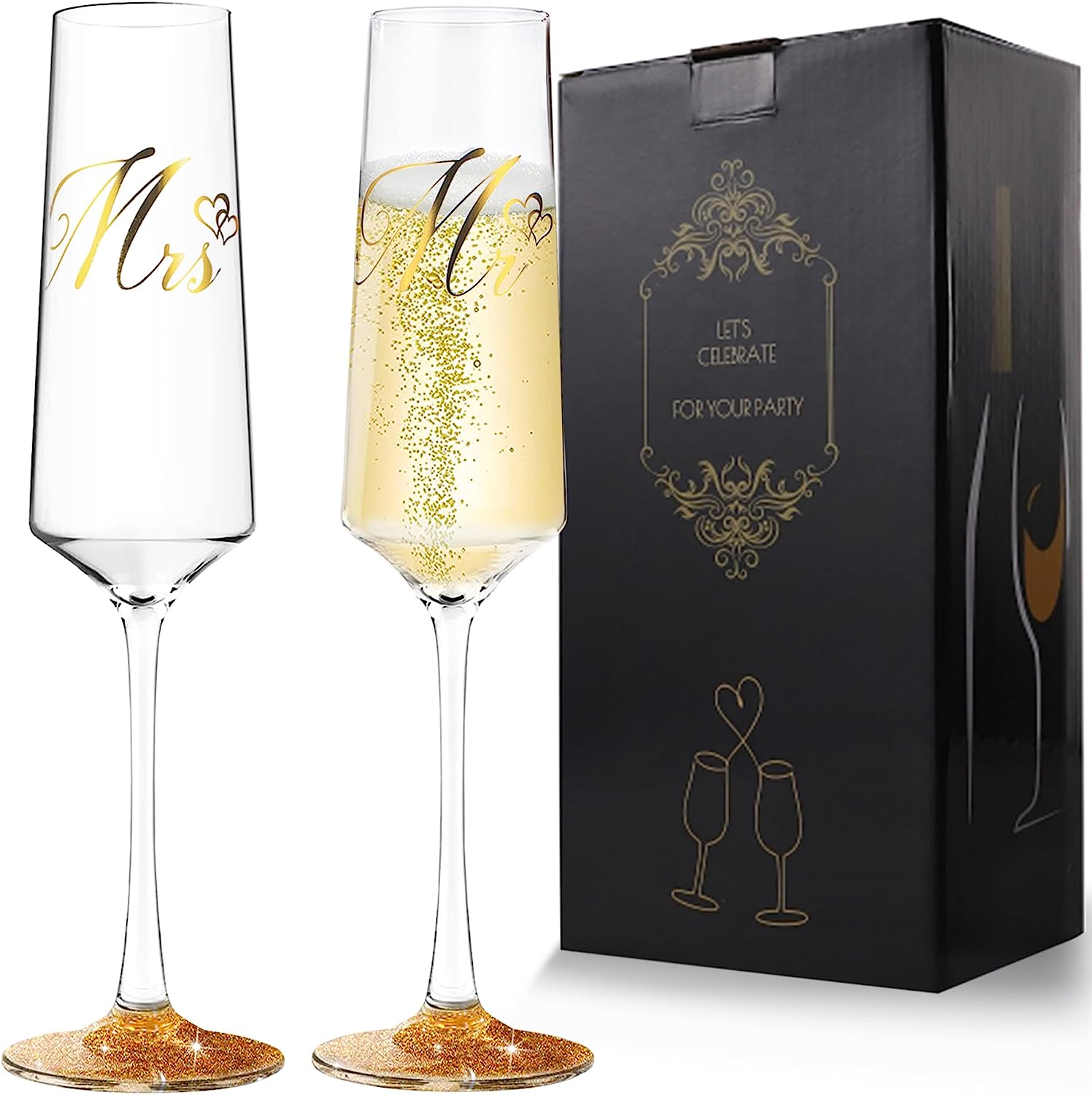 Bride and Groom Champagne Flutes Print Mr and Mrs Glasses for Wedding Glasses and Toasting Flutes Bridal Shower Gifts Engagement Gift - VARLKA