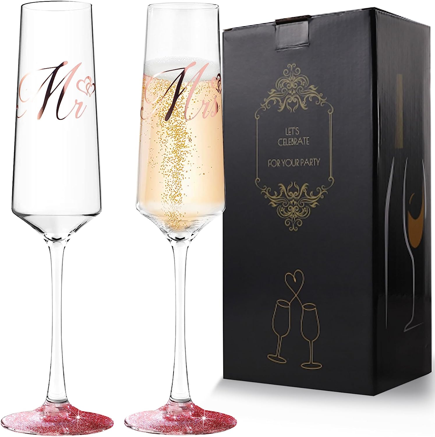 Bride and Groom Champagne Flutes Print Mr and Mrs Glasses for Wedding Glasses and Toasting Flutes Bridal Shower Gifts Engagement Gift - VARLKA