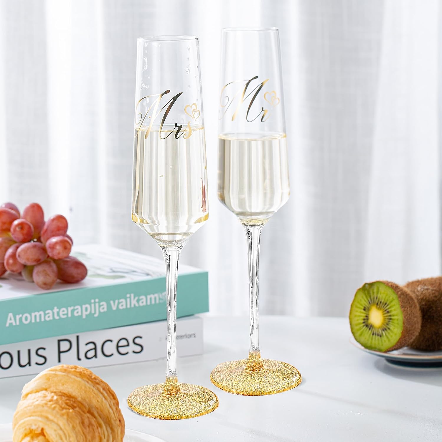 Bride and Groom Champagne Flutes Print Mr and Mrs Glasses for Wedding Glasses and Toasting Flutes Bridal Shower Gifts Engagement Gift - VARLKA
