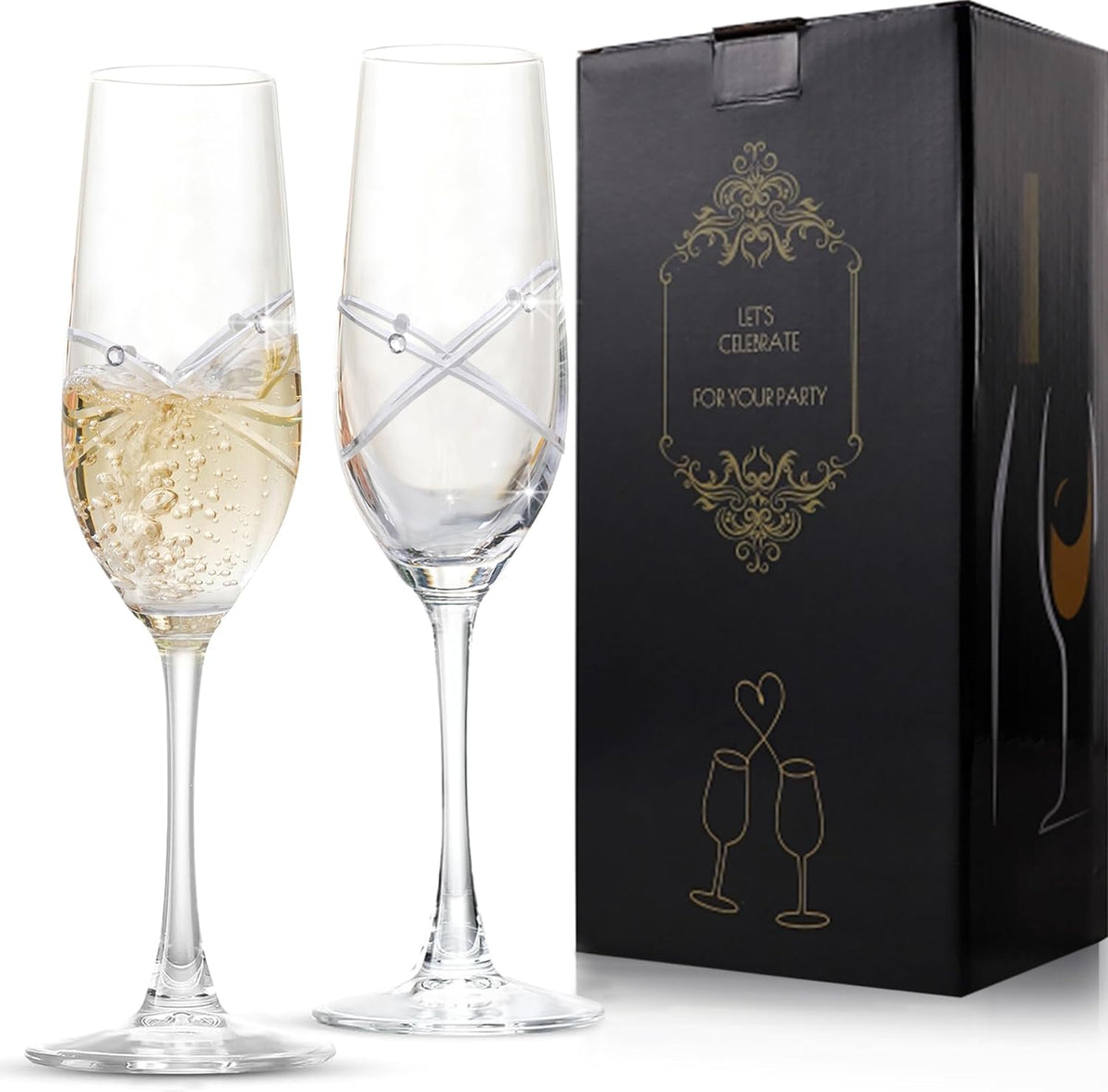 Champagne Flutes set of 2, Wedding Gifts Champagne Glasses, Mr and Mrs Champange Flutes Design by Rings & Crystal Ornament, Anniversaries Engagements Housewarming Birthday Gifts - VARLKA