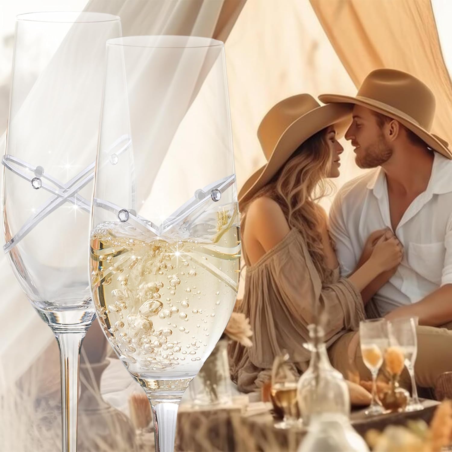 Champagne Flutes set of 2, Wedding Gifts Champagne Glasses, Mr and Mrs Champange Flutes Design by Rings & Crystal Ornament, Anniversaries Engagements Housewarming Birthday Gifts - VARLKA