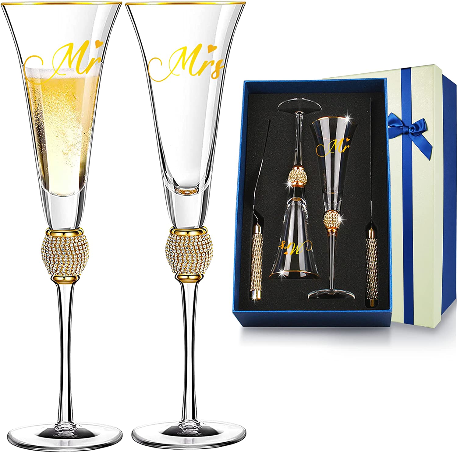 Champagne Flutes, Wedding Cake Knife and Server Set, Toasting Champagne Glasses with Gold Rim Rhinestone Studded Engraved Mr and Mrs, Couple Bride and Groom Wedding & Engagement gift - VARLKA