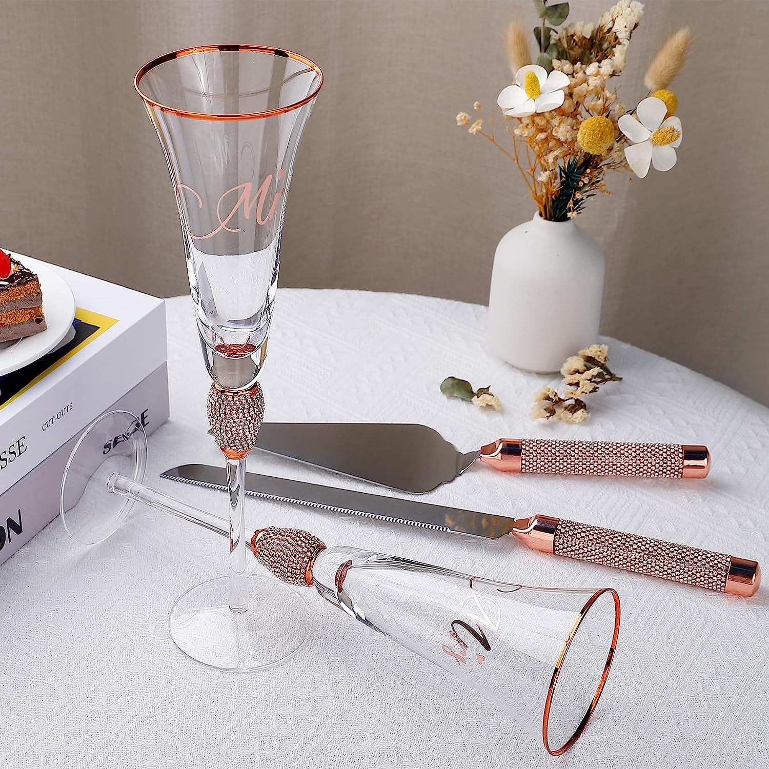 Champagne Flutes, Wedding Cake Knife and Server Set, Toasting Champagne Glasses with Gold Rim Rhinestone Studded Engraved Mr and Mrs, Couple Bride and Groom Wedding & Engagement gift - VARLKA