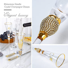 Champagne Flutes, Wedding Cake Knife and Server Set, Toasting Champagne Glasses with Gold Rim Rhinestone Studded Engraved Mr and Mrs, Couple Bride and Groom Wedding & Engagement gift - VARLKA