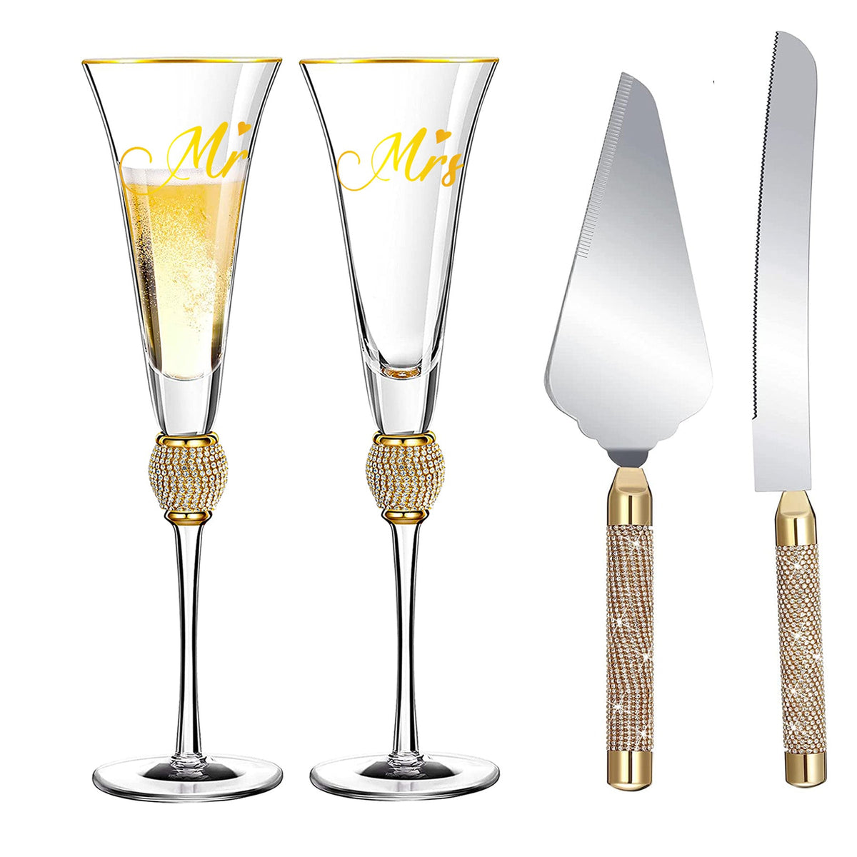 Champagne Flutes, Wedding Cake Knife and Server Set, Toasting Champagne Glasses with Gold Rim Rhinestone Studded Engraved Mr and Mrs, Couple Bride and Groom Wedding & Engagement gift - VARLKA