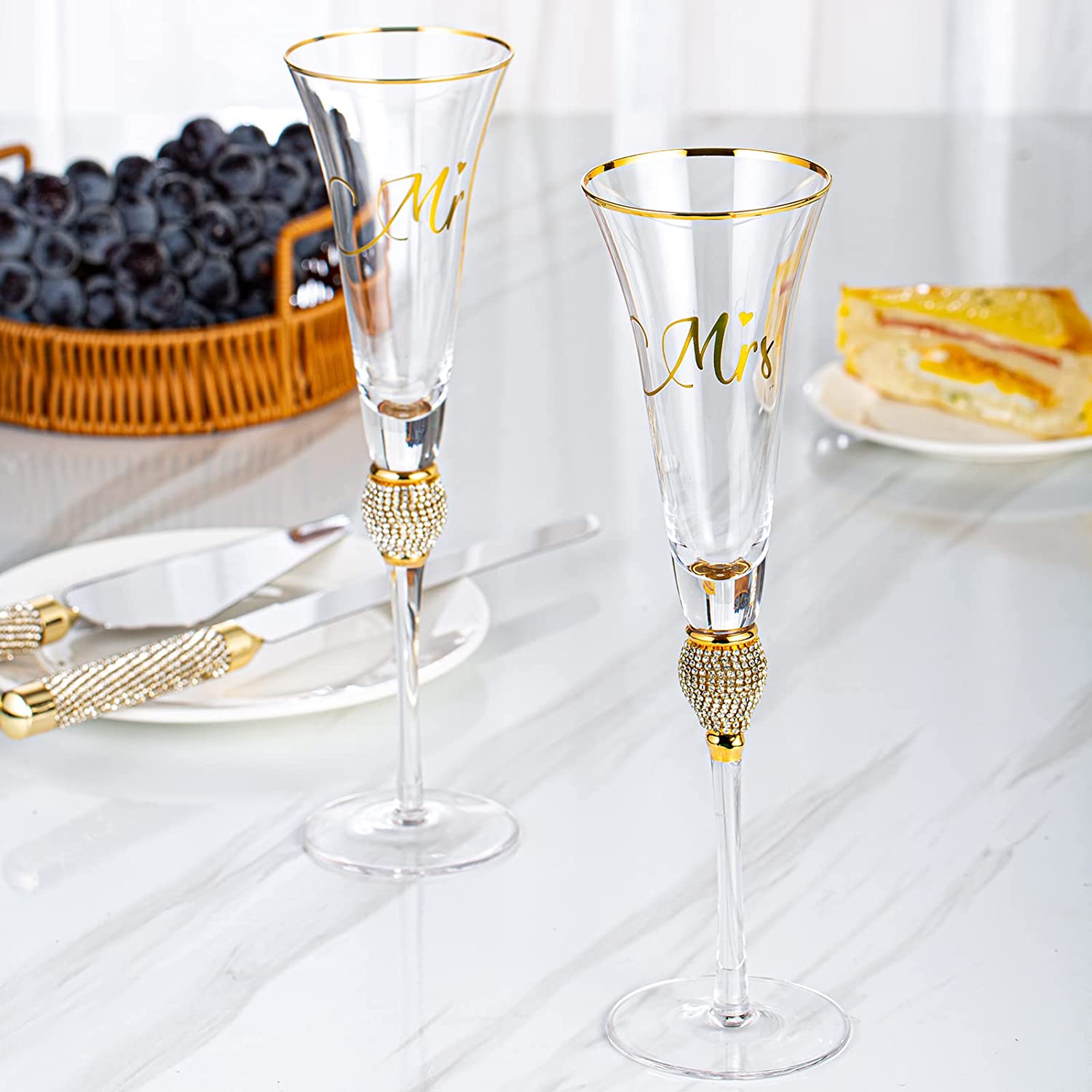 Champagne Flutes, Wedding Cake Knife and Server Set, Toasting Champagne Glasses with Gold Rim Rhinestone Studded Engraved Mr and Mrs, Couple Bride and Groom Wedding & Engagement gift - VARLKA