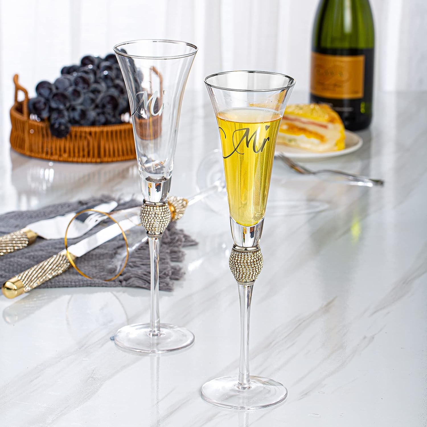 Champagne Flutes, Wedding Cake Knife and Server Set, Toasting Champagne Glasses with Gold Rim Rhinestone Studded Engraved Mr and Mrs, Couple Bride and Groom Wedding & Engagement gift - VARLKA