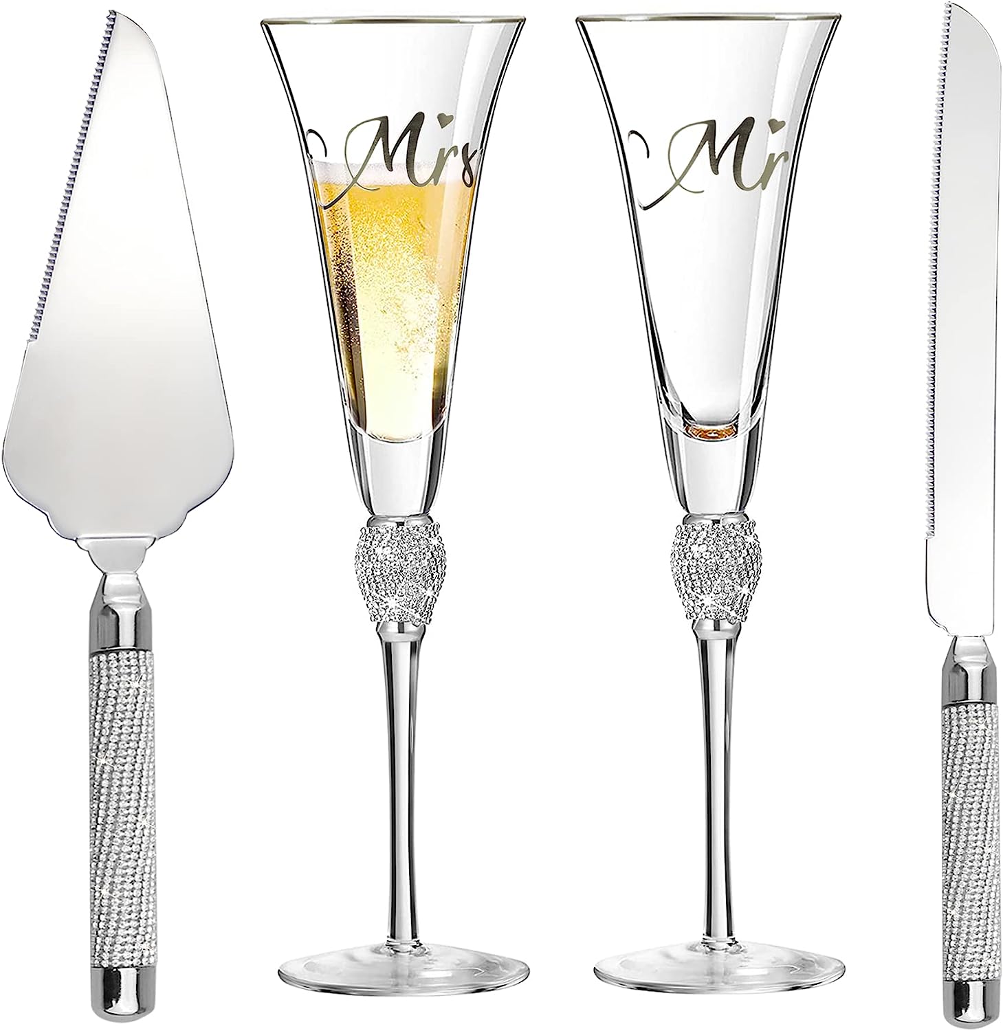 Champagne Flutes, Wedding Cake Knife and Server Set, Toasting Champagne Glasses with Gold Rim Rhinestone Studded Engraved Mr and Mrs, Couple Bride and Groom Wedding & Engagement gift - VARLKA