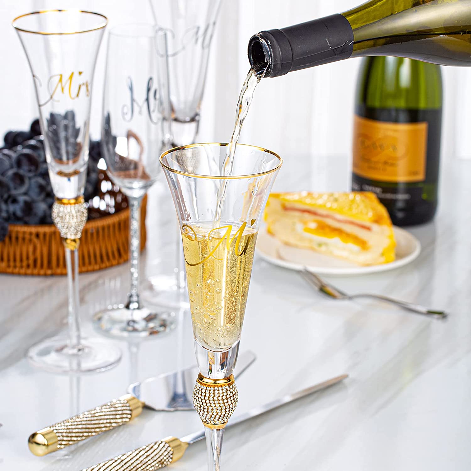 Champagne Flutes, Wedding Cake Knife and Server Set, Toasting Champagne Glasses with Gold Rim Rhinestone Studded Engraved Mr and Mrs, Couple Bride and Groom Wedding & Engagement gift - VARLKA