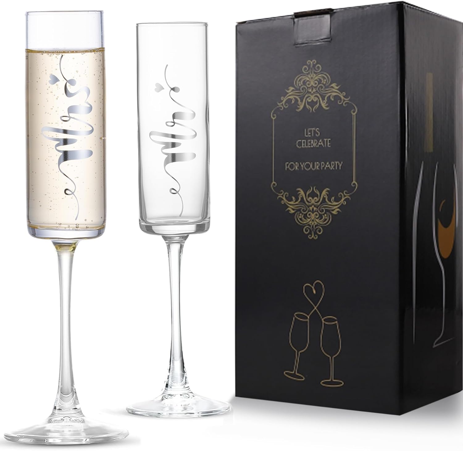 Mr and Mrs Champagne Flutes with Long Stem, 7oz Champagne Glasses, Wedding Gift for Couples , Bridal Shower Gifts, Engagement Gift for Couples Bride and Groom (Gold) - VARLKA