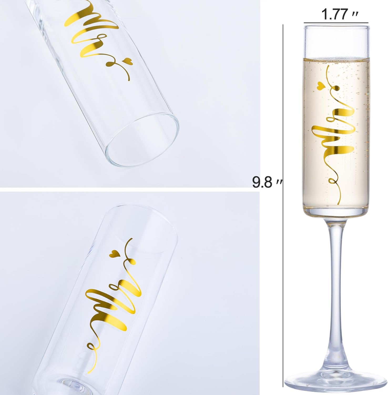 Mr and Mrs Champagne Flutes with Long Stem, 7oz Champagne Glasses, Wedding Gift for Couples , Bridal Shower Gifts, Engagement Gift for Couples Bride and Groom (Gold) - VARLKA