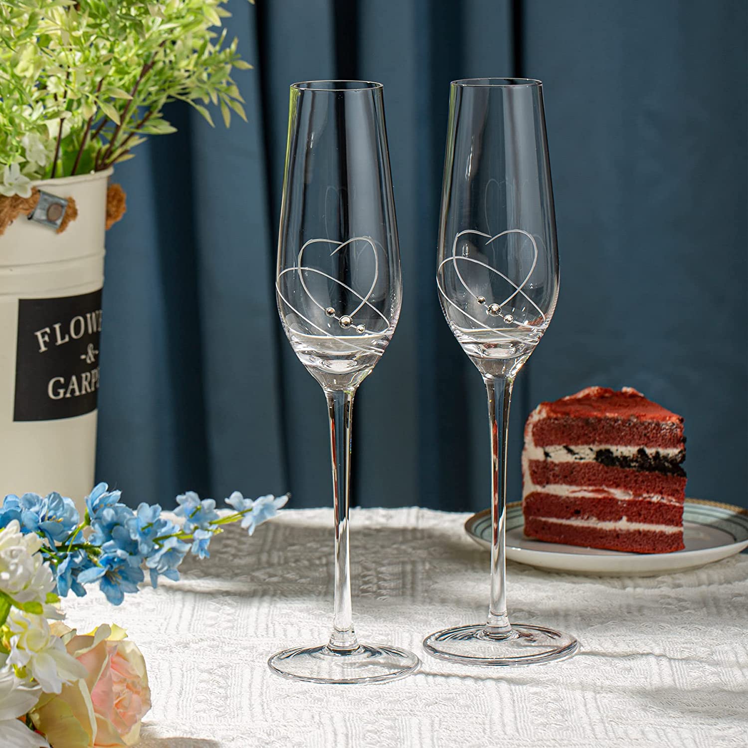 VARLKA Champagne Flutes Toasting Champagne Glasses set of 2 with Love Heart design with Crystals Wine Glasses Wedding Gifts for Couple Bride and Groom Engagement gifts - VARLKA