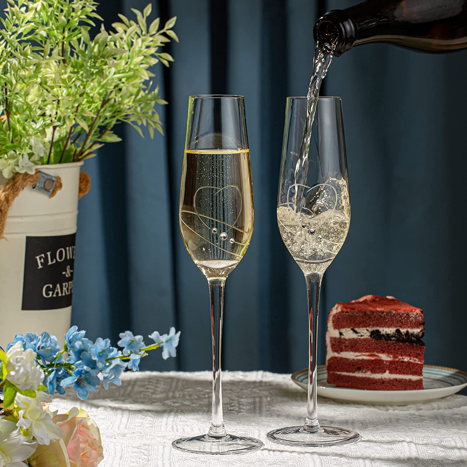 VARLKA Champagne Flutes Toasting Champagne Glasses set of 2 with Love Heart design with Crystals Wine Glasses Wedding Gifts for Couple Bride and Groom Engagement gifts - VARLKA