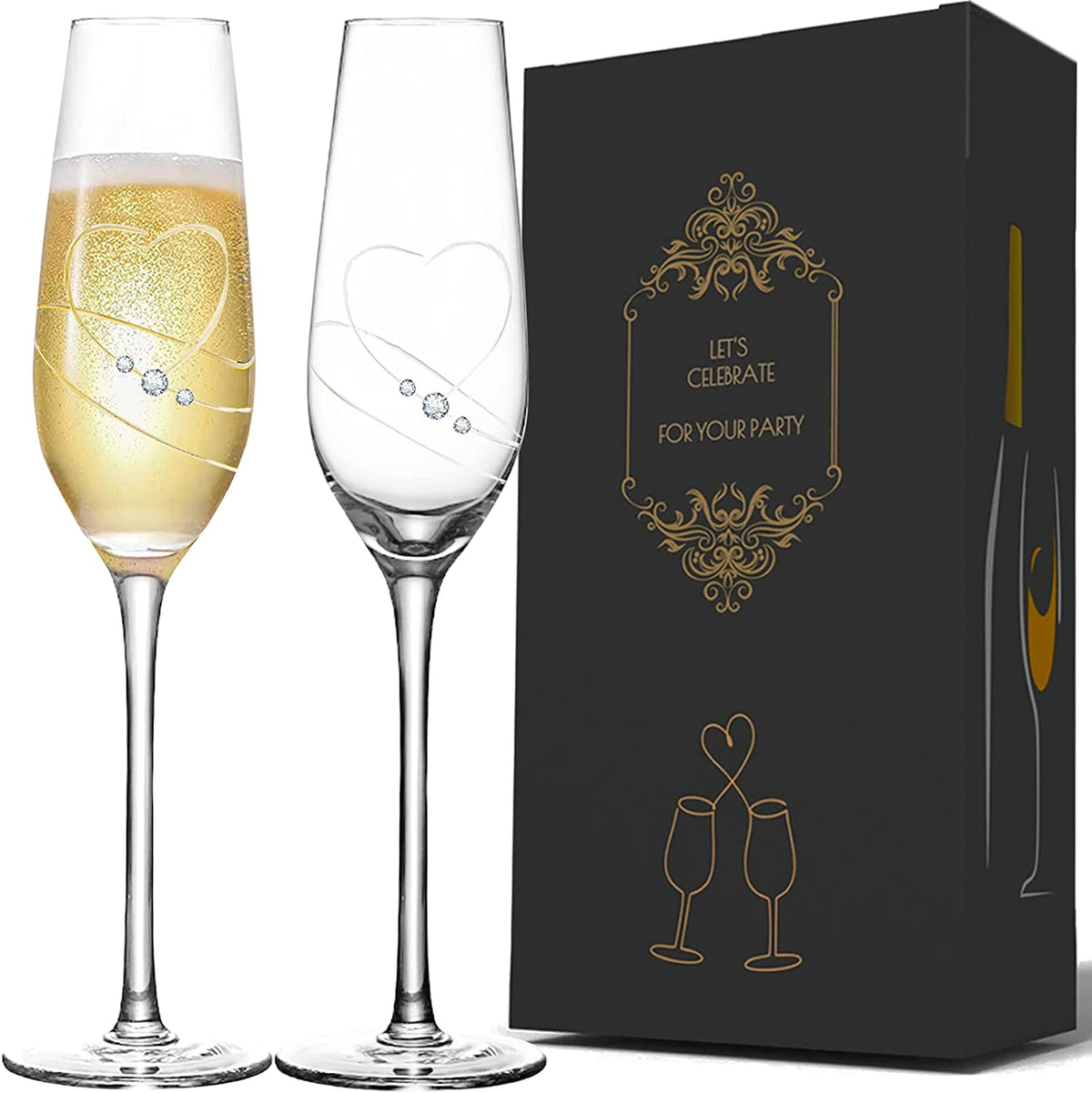 VARLKA Champagne Flutes Toasting Champagne Glasses set of 2 with Love Heart design with Crystals Wine Glasses Wedding Gifts for Couple Bride and Groom Engagement gifts - VARLKA