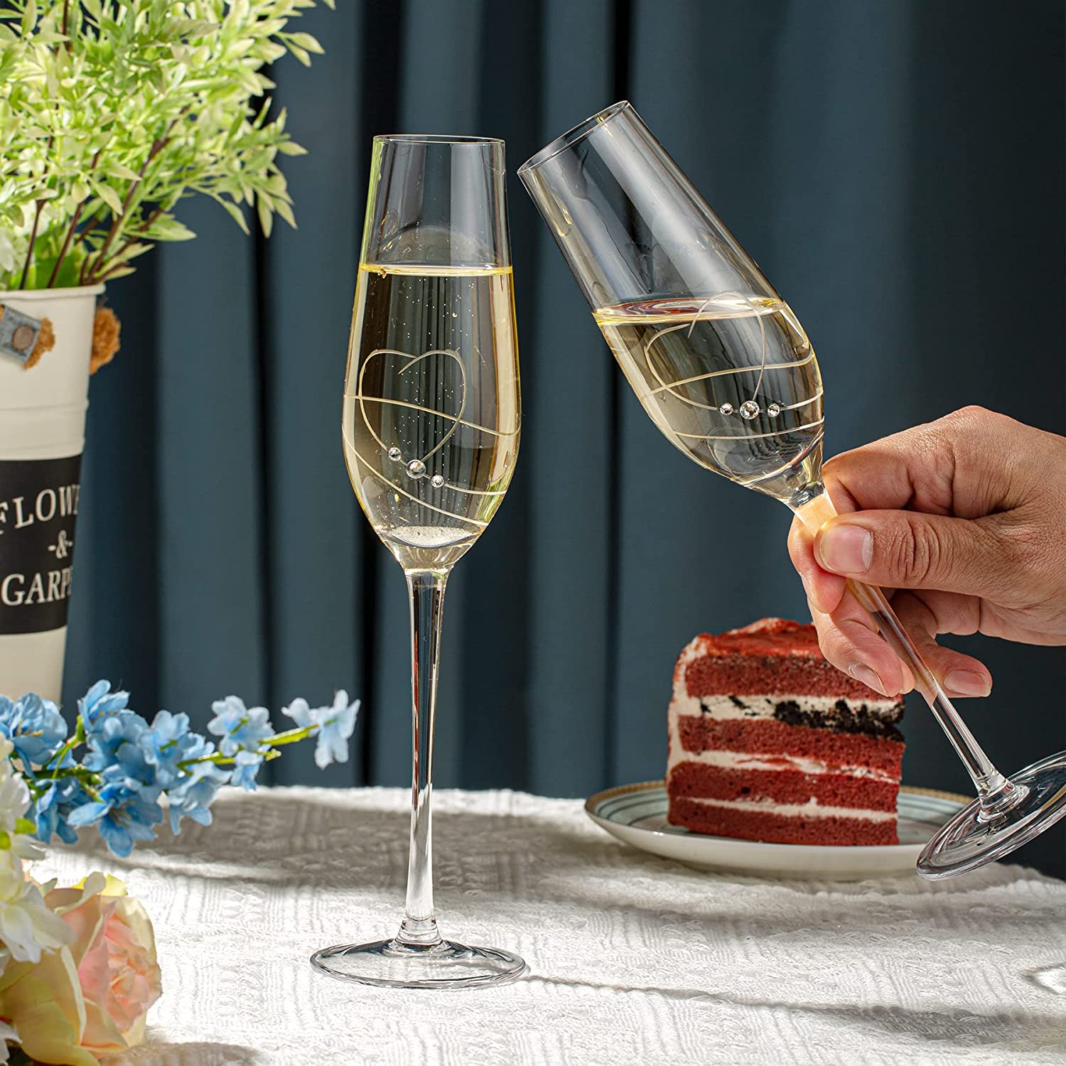 VARLKA Champagne Flutes Toasting Champagne Glasses set of 2 with Love Heart design with Crystals Wine Glasses Wedding Gifts for Couple Bride and Groom Engagement gifts - VARLKA
