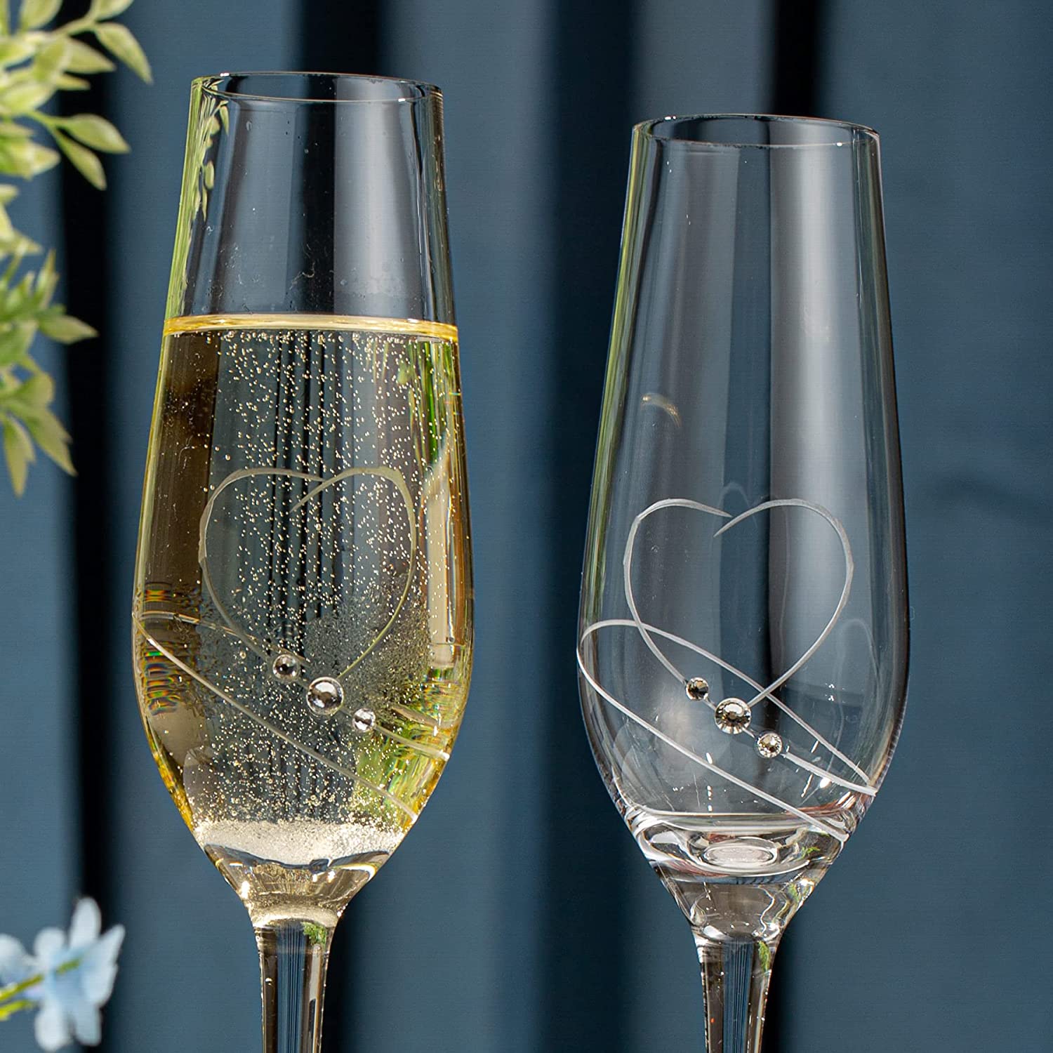 VARLKA Champagne Flutes Toasting Champagne Glasses set of 2 with Love Heart design with Crystals Wine Glasses Wedding Gifts for Couple Bride and Groom Engagement gifts - VARLKA
