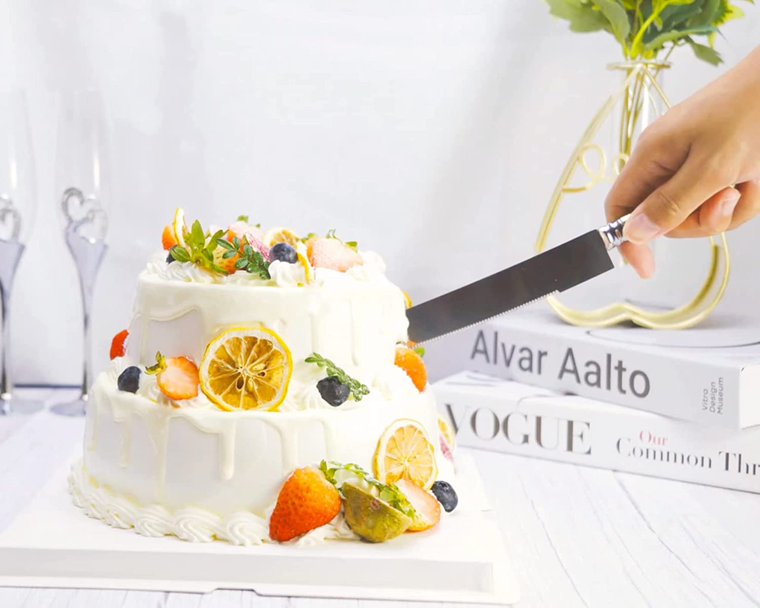 VARLKA Wedding Cake Knife and Server Set, Cake Cutting Set for Wedding, Personalized Stainless Steel Blade and ABS Gold Plated Handle Cake Cutter & Pie Server Set for Birthdays, Anniversary, Parties - VARLKA