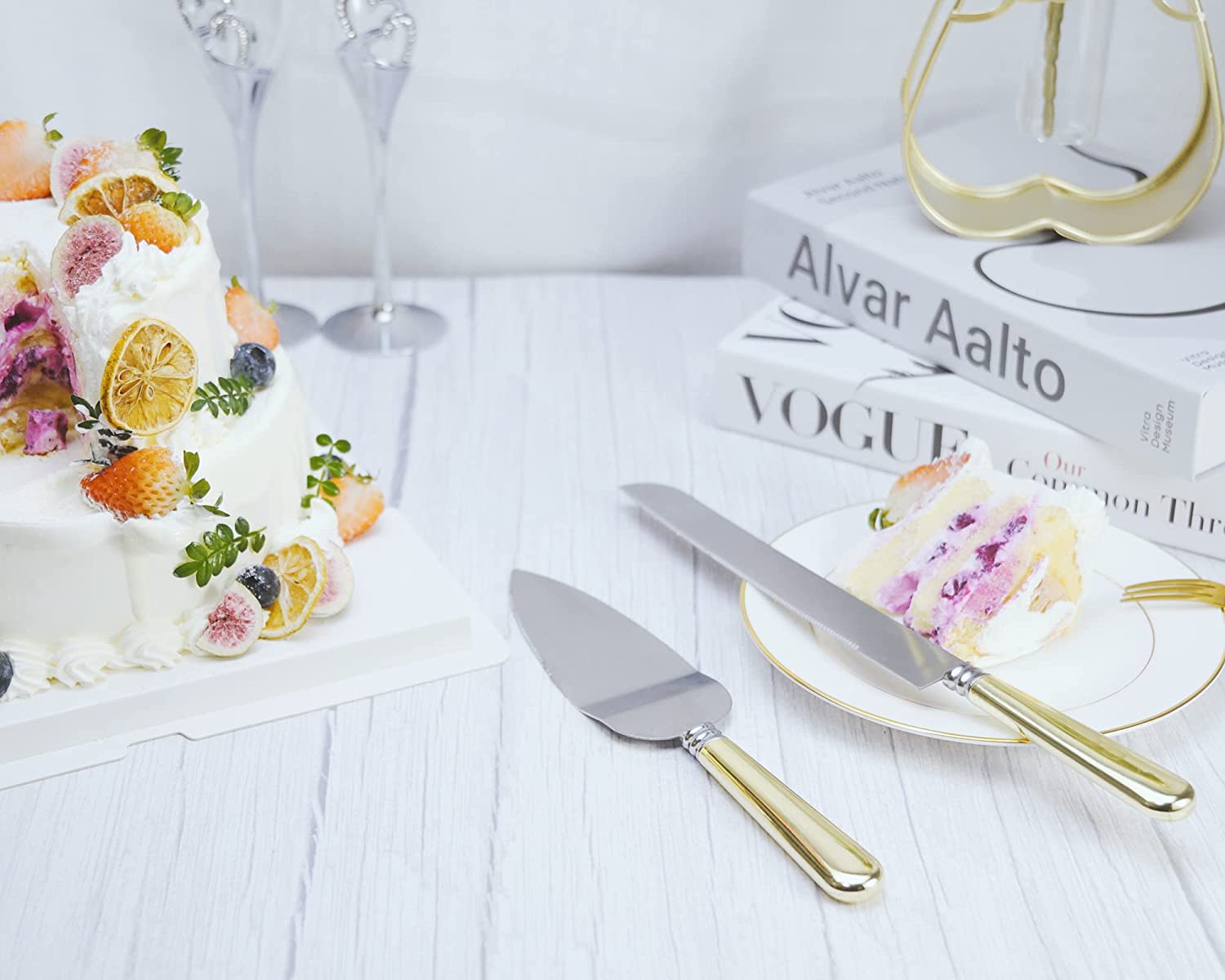 VARLKA Wedding Cake Knife and Server Set, Cake Cutting Set for Wedding, Personalized Stainless Steel Blade and ABS Gold Plated Handle Cake Cutter & Pie Server Set for Birthdays, Anniversary, Parties - VARLKA
