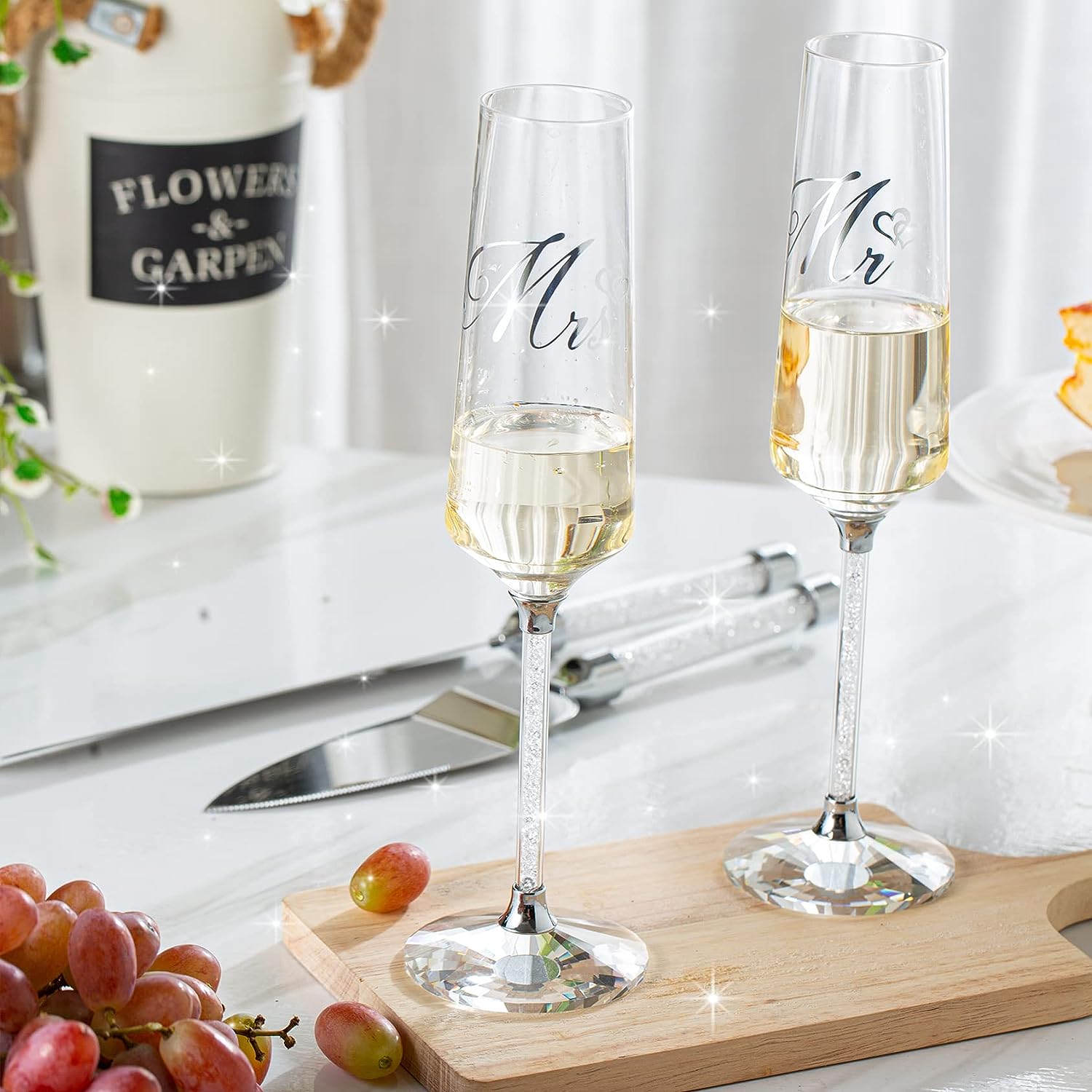 VARLKA Wedding Cake Knife and Server Set, Champagne Flutes Print Mr and Mrs for Bride and Groom Toasting Glasses Engagement & Wedding Gifts - VARLKA