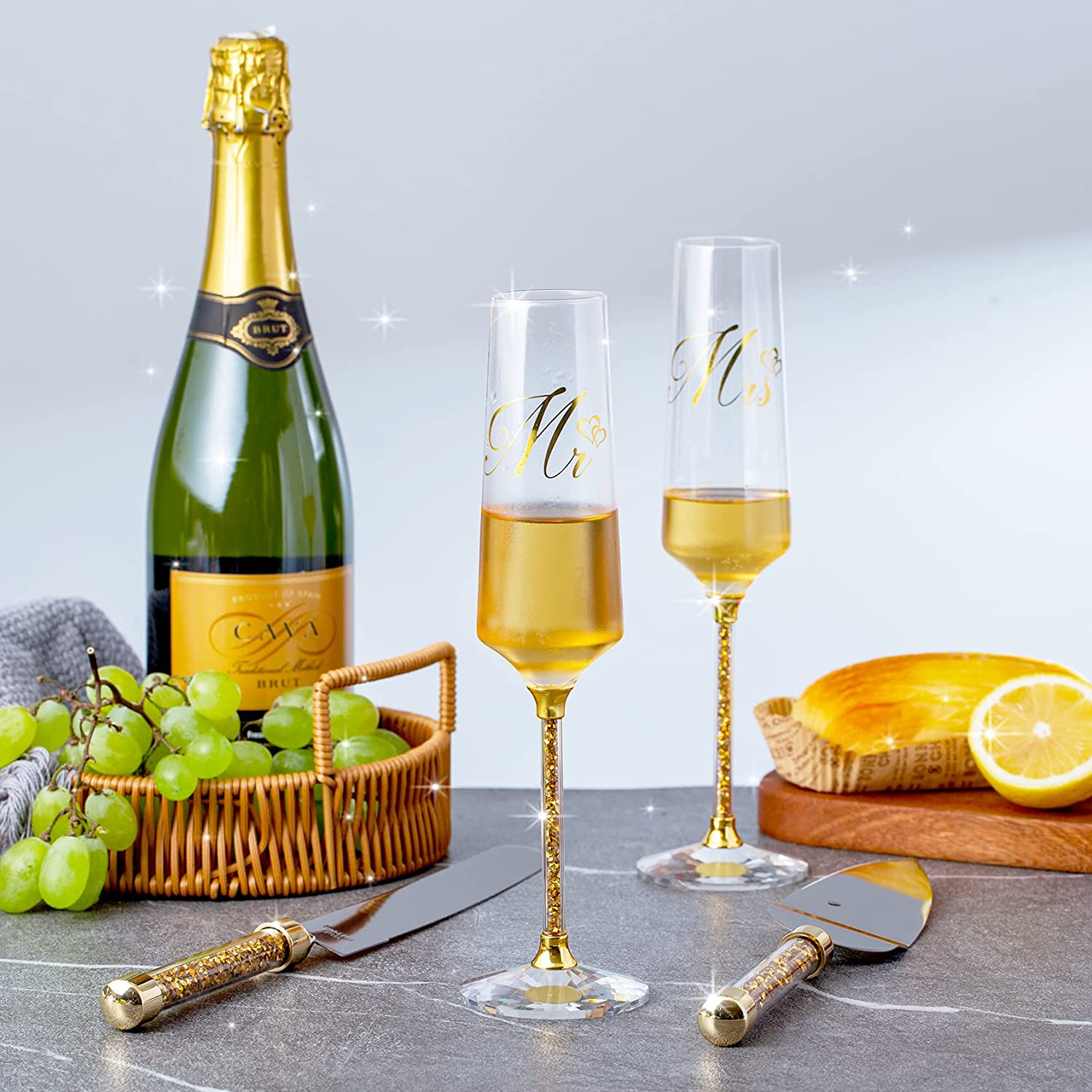 VARLKA Wedding Cake Knife and Server Set, Champagne Flutes Print Mr and Mrs for Bride and Groom Toasting Glasses Engagement & Wedding Gifts - VARLKA