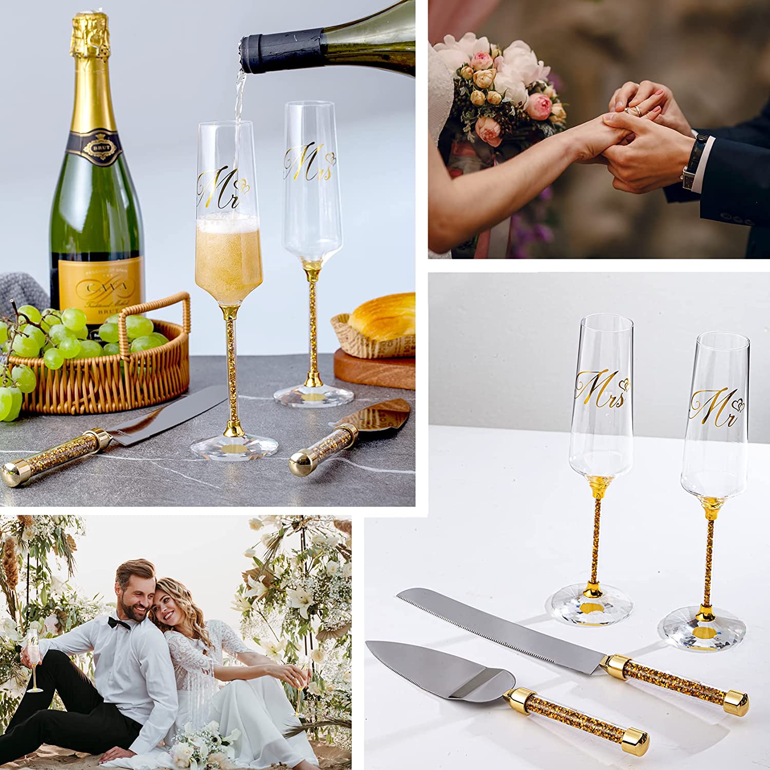 VARLKA Wedding Cake Knife and Server Set, Champagne Flutes Print Mr and Mrs for Bride and Groom Toasting Glasses Engagement & Wedding Gifts - VARLKA