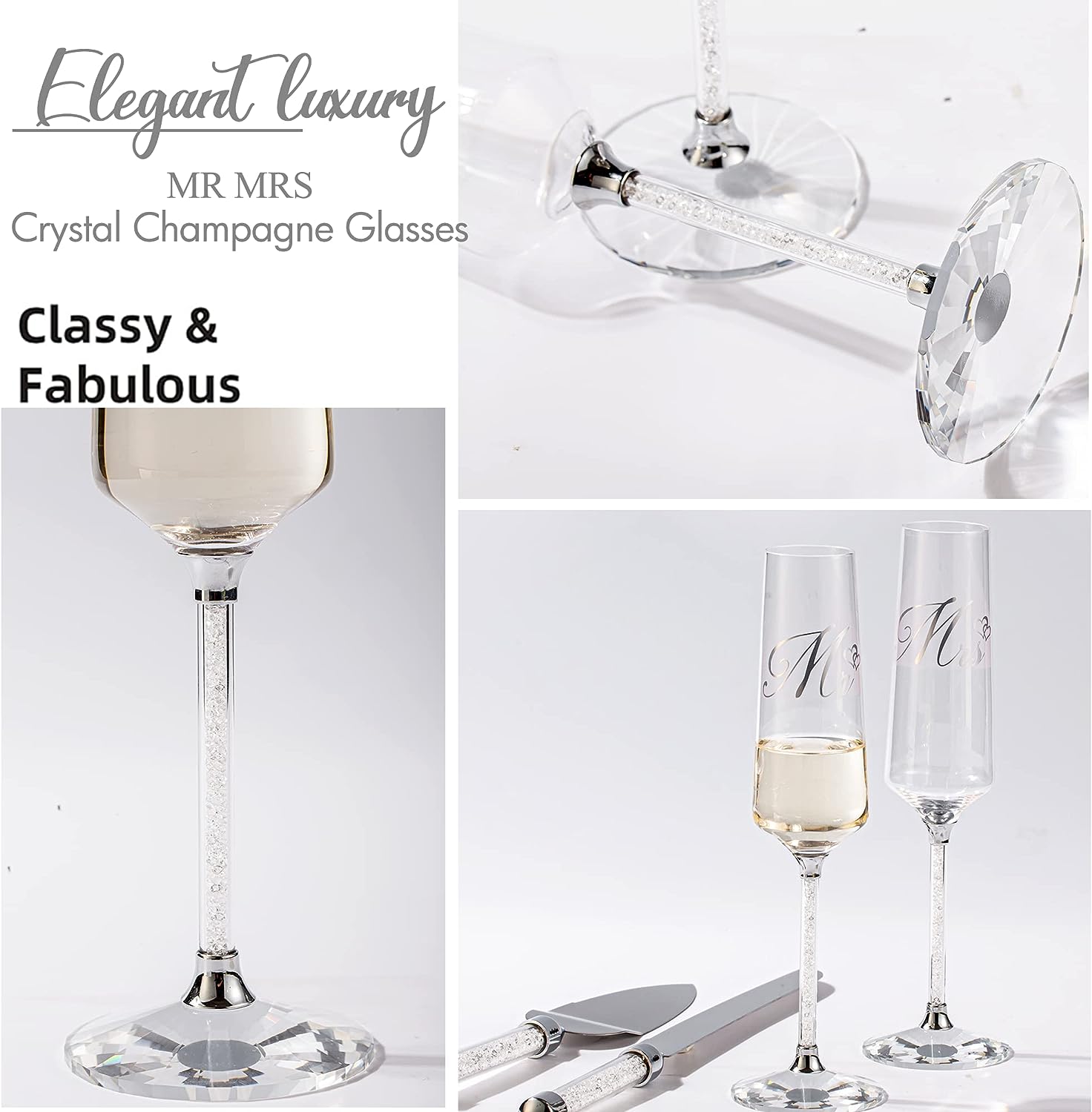 VARLKA Wedding Cake Knife and Server Set, Champagne Flutes Print Mr and Mrs for Bride and Groom Toasting Glasses Engagement & Wedding Gifts - VARLKA