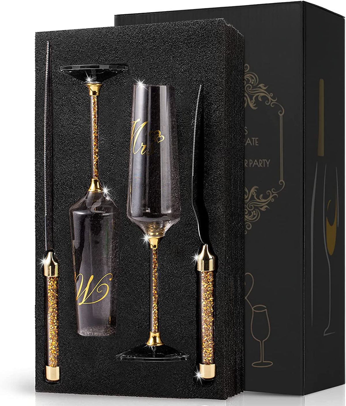 VARLKA Wedding Cake Knife and Server Set, Champagne Flutes Print Mr and Mrs for Bride and Groom Toasting Glasses Engagement & Wedding Gifts - VARLKA