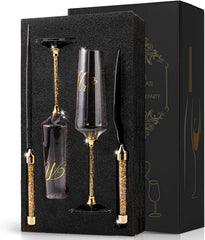 VARLKA Wedding Cake Knife and Server Set, Champagne Flutes Print Mr and Mrs for Bride and Groom Toasting Glasses Engagement & Wedding Gifts - VARLKA