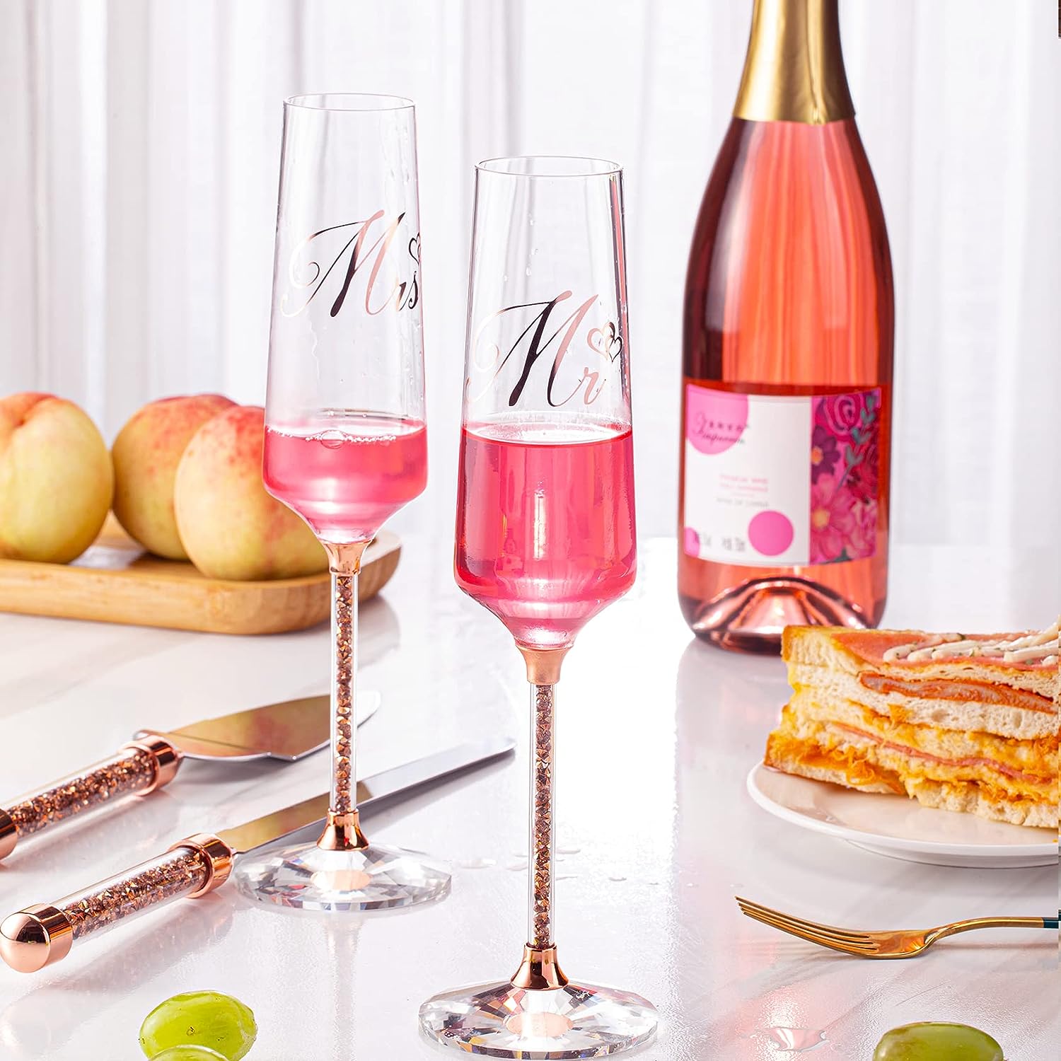 VARLKA Wedding Cake Knife and Server Set, Champagne Flutes Print Mr and Mrs for Bride and Groom Toasting Glasses Engagement & Wedding Gifts - VARLKA