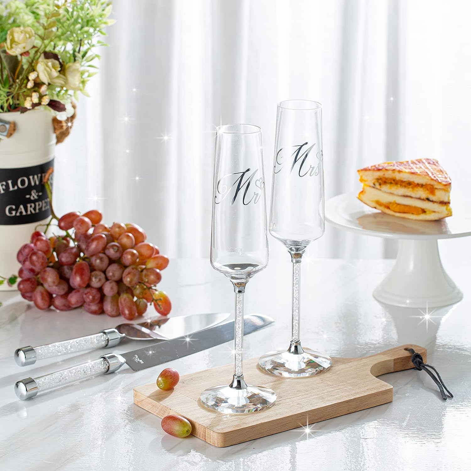 VARLKA Wedding Cake Knife and Server Set, Champagne Flutes Print Mr and Mrs for Bride and Groom Toasting Glasses Engagement & Wedding Gifts - VARLKA