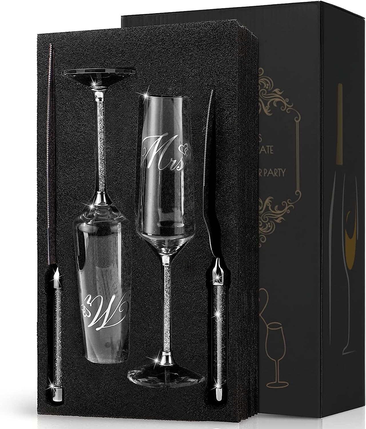 VARLKA Wedding Cake Knife and Server Set, Champagne Flutes Print Mr and Mrs for Bride and Groom Toasting Glasses Engagement & Wedding Gifts - VARLKA