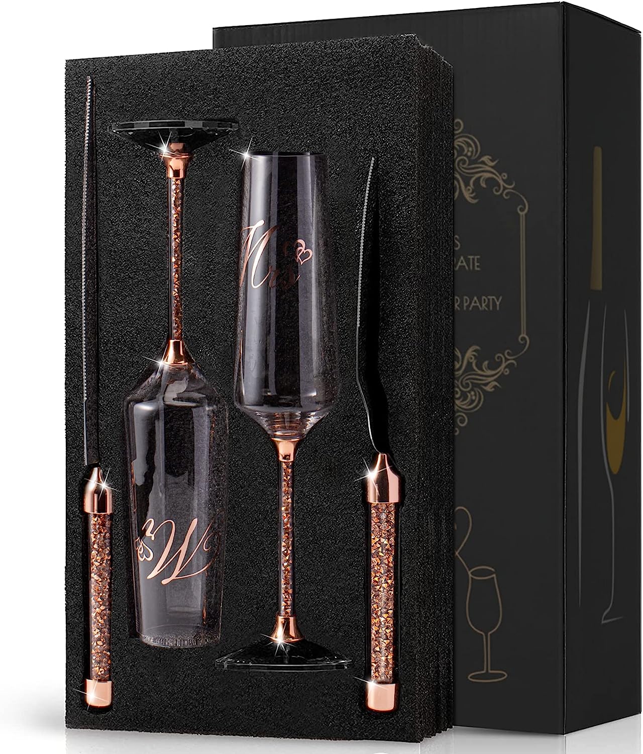 VARLKA Wedding Cake Knife and Server Set, Champagne Flutes Print Mr and Mrs for Bride and Groom Toasting Glasses Engagement & Wedding Gifts - VARLKA