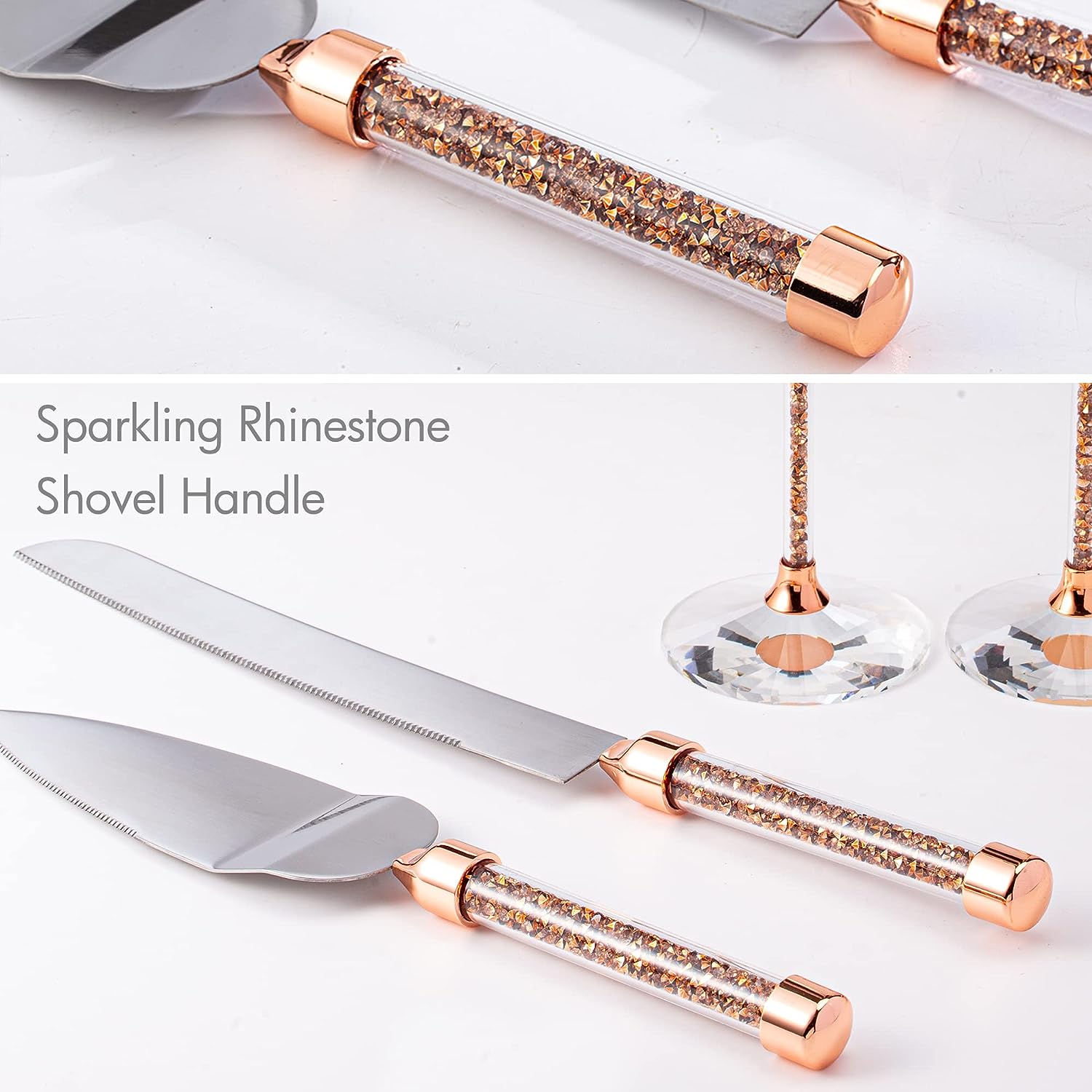 VARLKA Wedding Cake Knife and Server Set, Champagne Flutes Print Mr and Mrs for Bride and Groom Toasting Glasses Engagement & Wedding Gifts - VARLKA