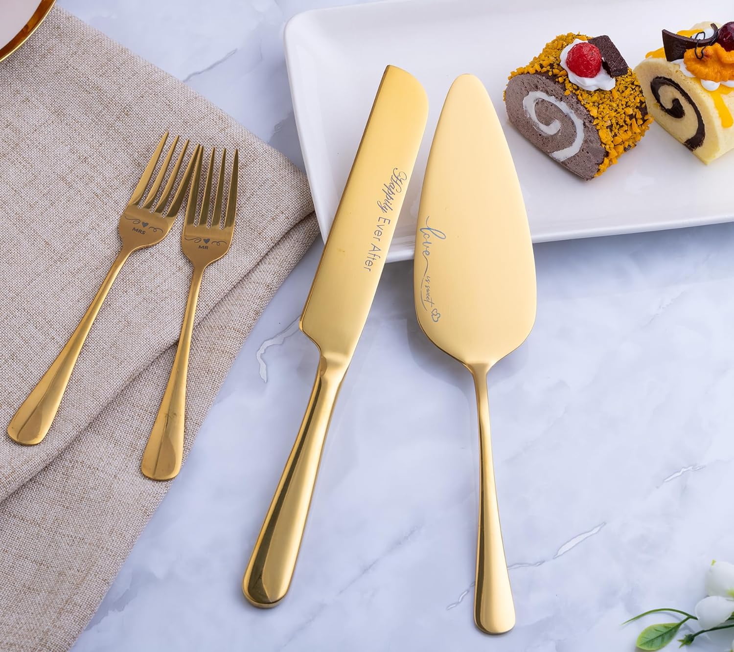 Wedding Cake Knife and Server Set with Forks, Engraved Cake Cutting Set for Wedding Anniversary Christmas Engagement - VARLKA