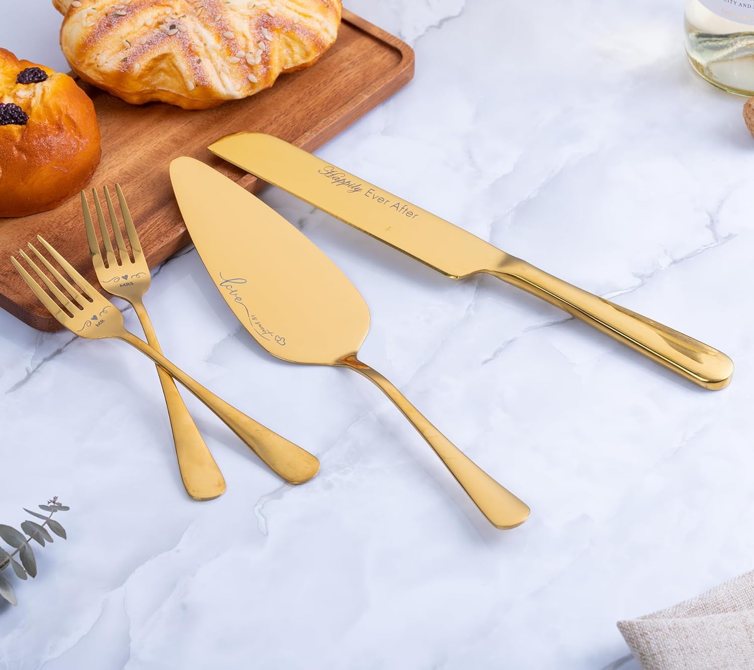 Wedding Cake Knife and Server Set with Forks, Engraved Cake Cutting Set for Wedding Anniversary Christmas Engagement - VARLKA