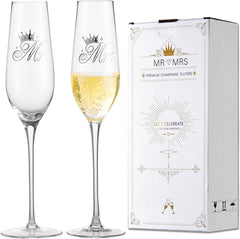 Wedding Champagne Flutes Set of 2 for Mr and Mrs, 7oz Crystal Bride and Groom Champagne Glasses Wedding Gifts Engagement Gift for Couples, Bridal Shower Gift - VARLKA