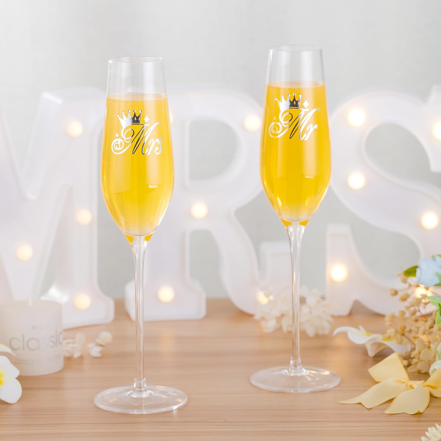 Wedding Champagne Flutes Set of 2 for Mr and Mrs, 7oz Crystal Bride and Groom Champagne Glasses Wedding Gifts Engagement Gift for Couples, Bridal Shower Gift - VARLKA