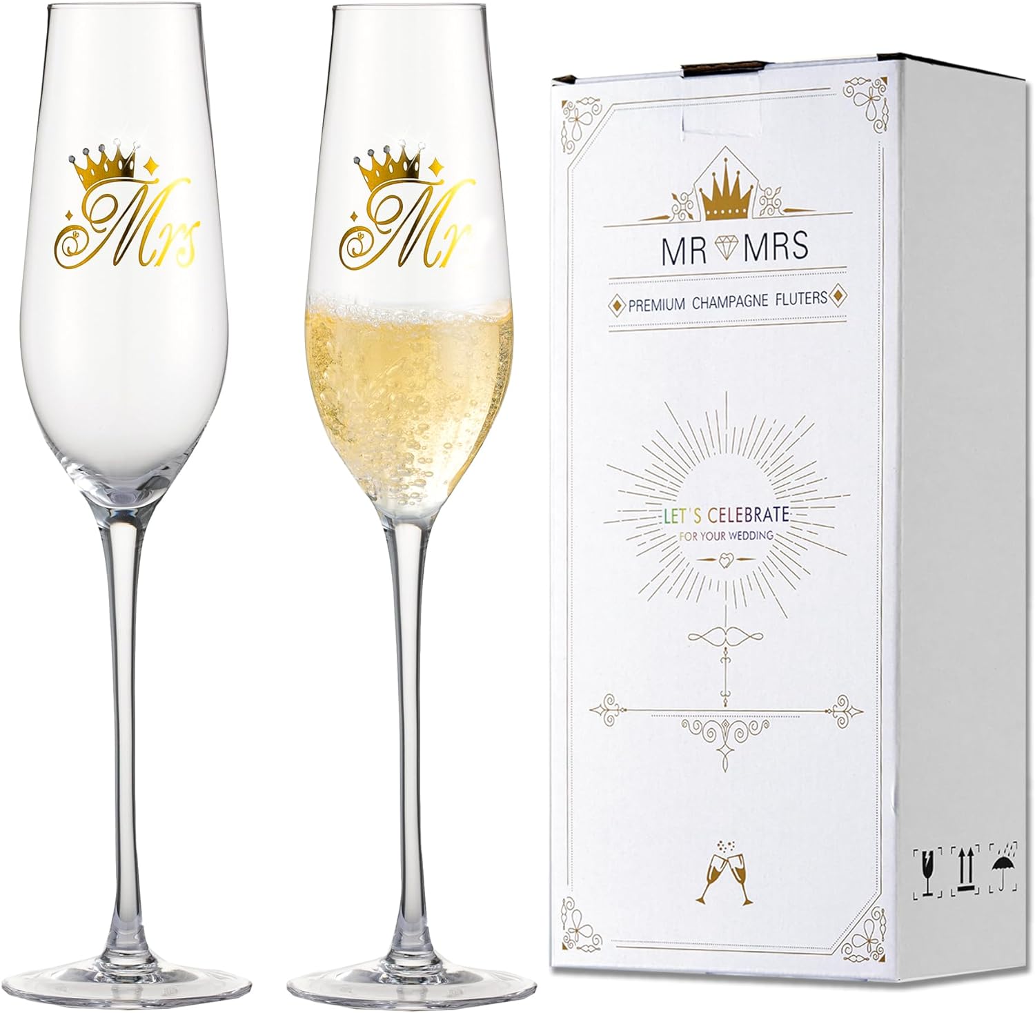 Wedding Champagne Flutes Set of 2 for Mr and Mrs, 7oz Crystal Bride and Groom Champagne Glasses Wedding Gifts Engagement Gift for Couples, Bridal Shower Gift - VARLKA