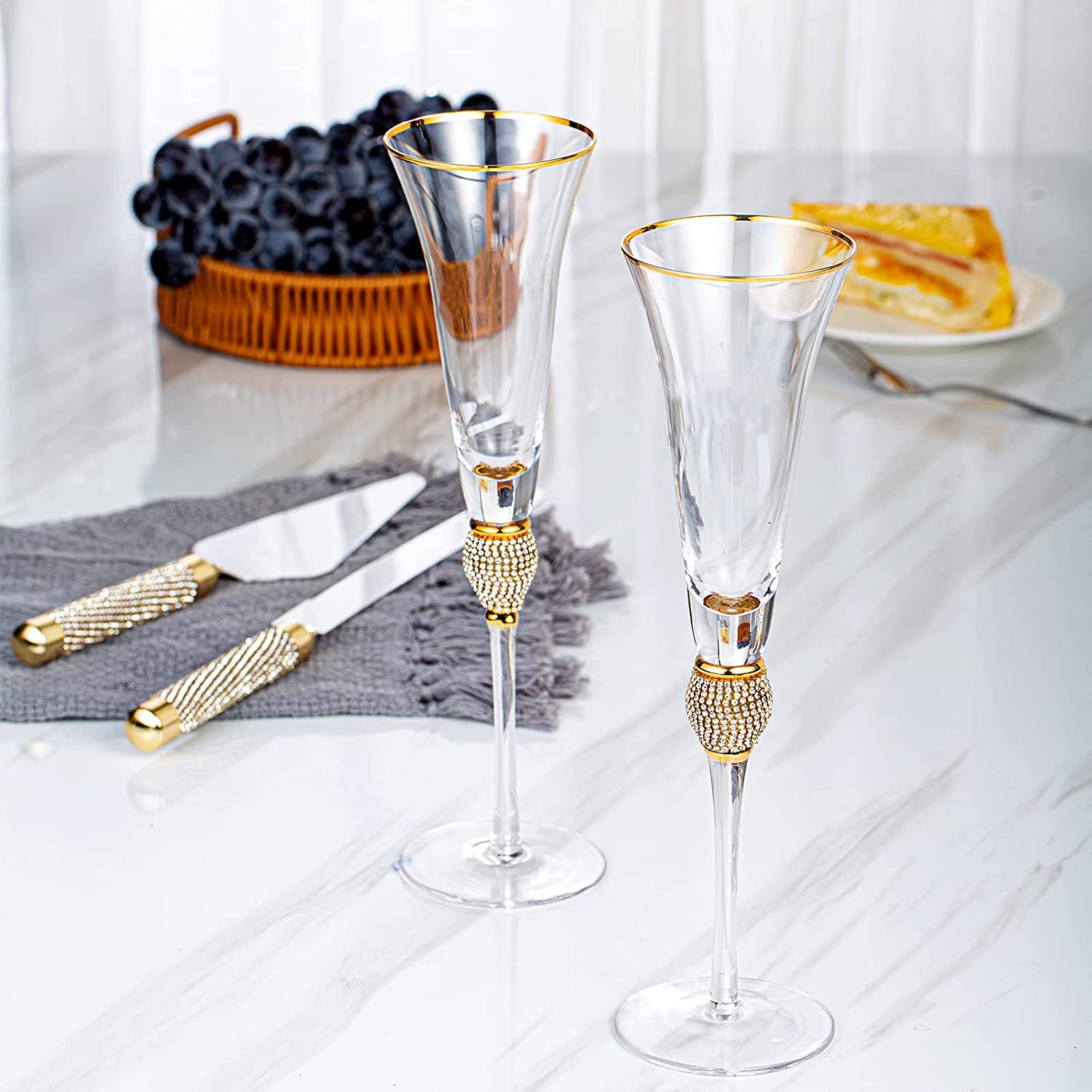 Wedding Champagne Flutes, Wedding Cake Knife and Server Set, Wedding Gifts for Couple Bride and Groom Gold Rim & Rhinestone Studded Toasting Glasses Set of 4, Cake Cutting Set for Wedding - VARLKA