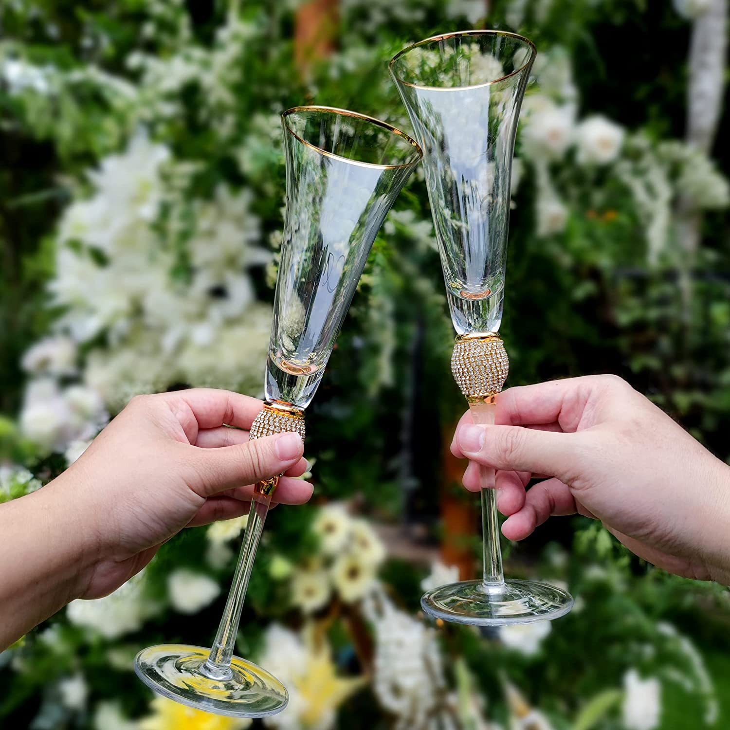 Wedding Champagne Flutes, Wedding Cake Knife and Server Set, Wedding Gifts for Couple Bride and Groom Gold Rim & Rhinestone Studded Toasting Glasses Set of 4, Cake Cutting Set for Wedding - VARLKA